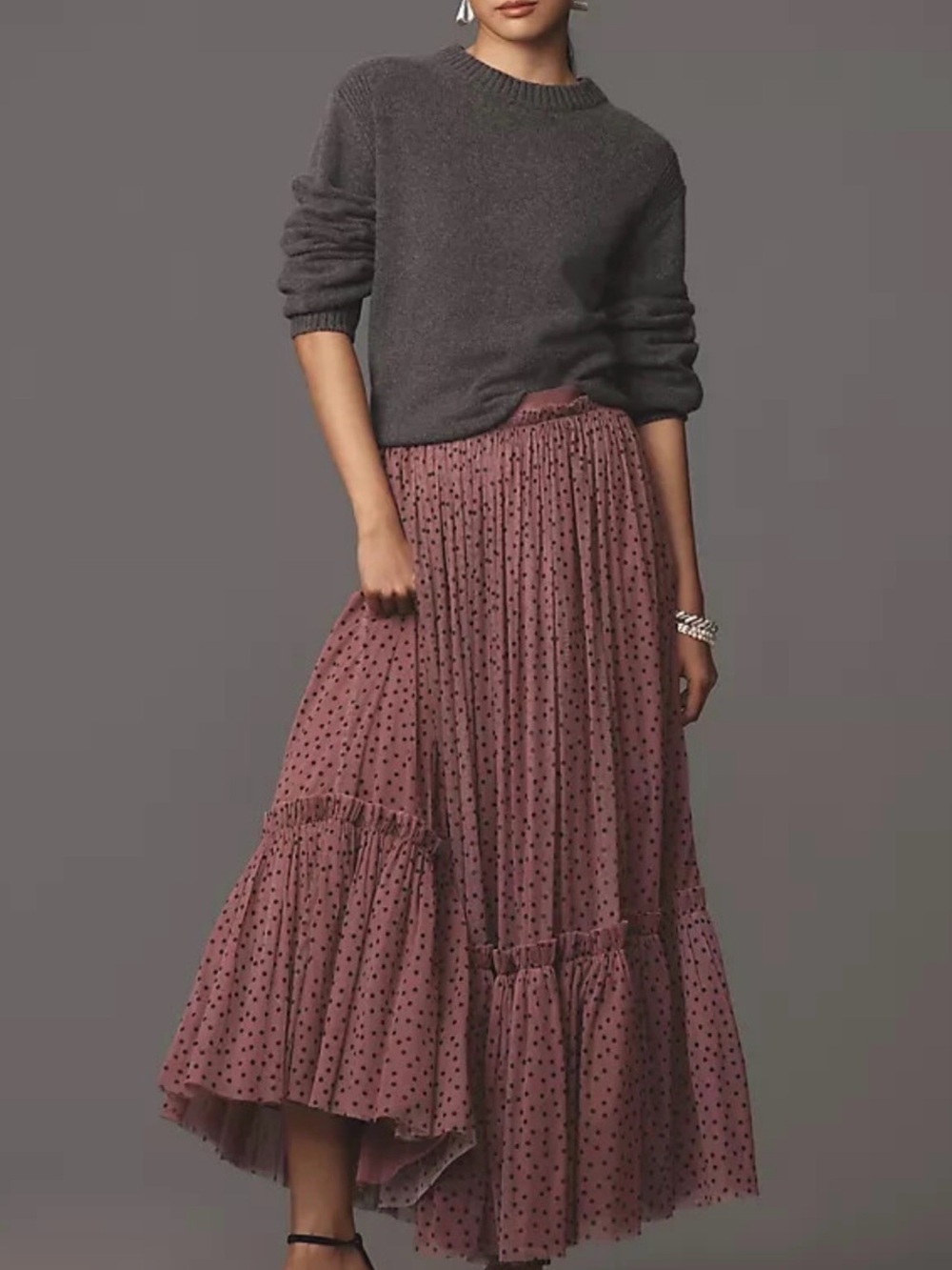 Maeve Dusty Mauve Polka Dot Tiered Maxi Skirt